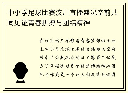 中小学足球比赛汶川直播盛况空前共同见证青春拼搏与团结精神